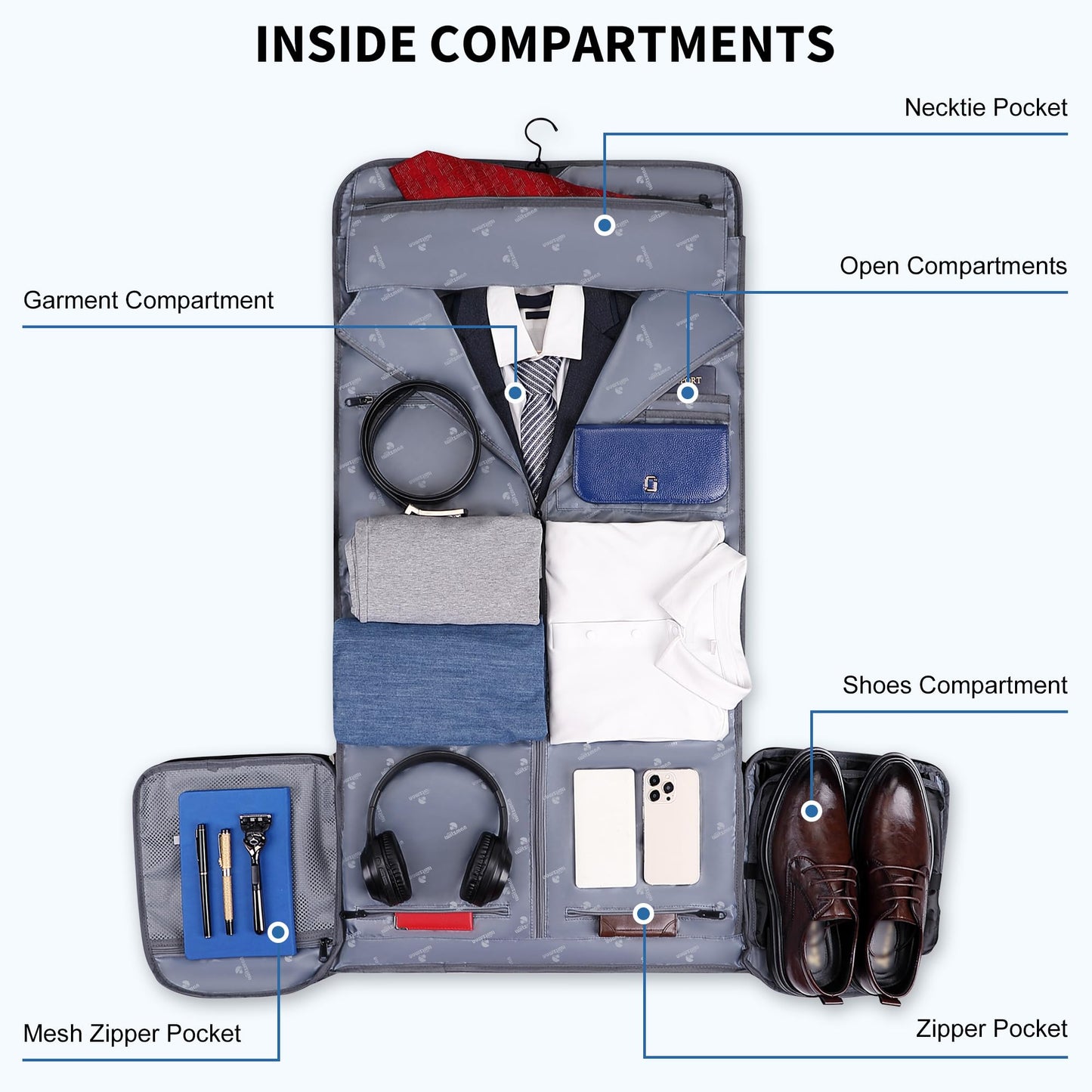 WITZMAN Mens Garment Duffle Bags for Travel Convertible Carry-on Suit Garment Bag for Men Hanging Clothes with Shoe Compartment（B724 Black）