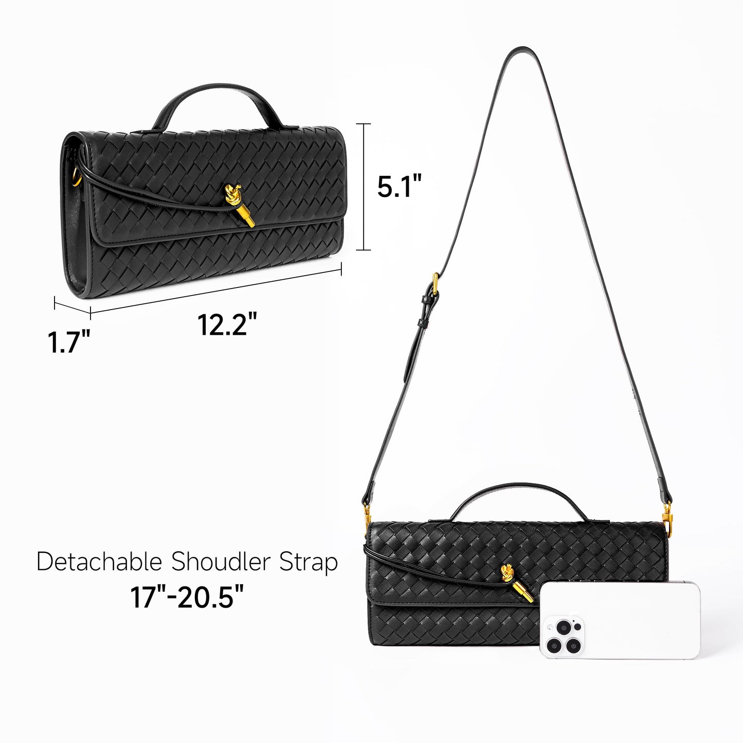 Joryin Woven Purse for Women Evening Clutch Woven Leather Handbags Crossbody Bag Purse Formal Evening Bag, Black