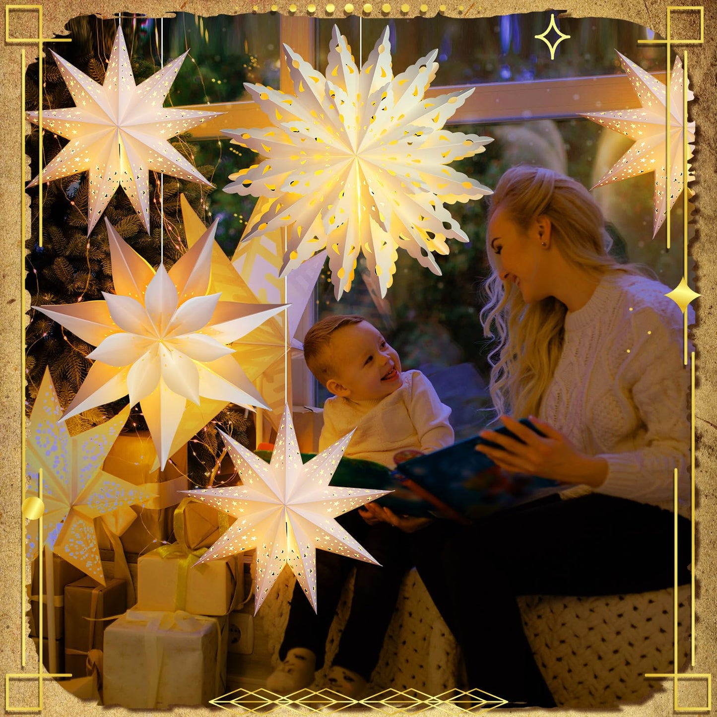 Watersay 6 Pack Winter Snowflake Paper Lantern Star Paper Lanterns with 6 LED Light White Hanging Lamp Ornaments for Christmas Winter Weddings Birthday Holiday Party Decoration(Classic Style)