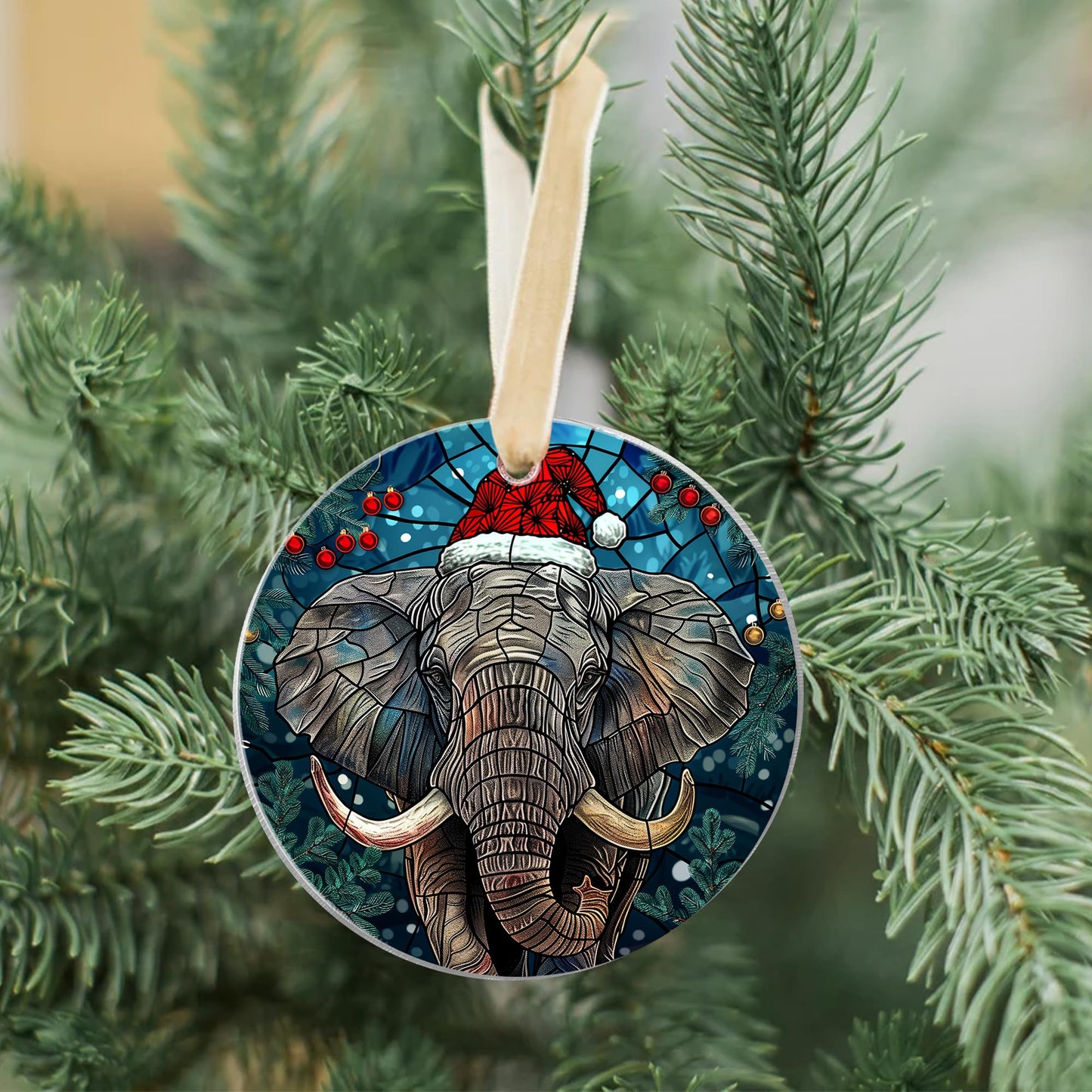 Fastpeace Elephant with Santa Hat Christmas Ornament - Stained Glass Style - Perfect Hanging Decoration for Tree - Gift for Family, Friends (Acrylic)