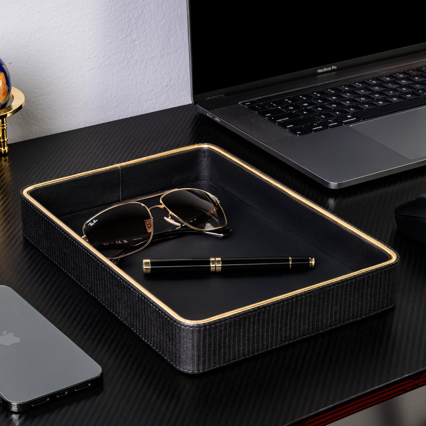 Leather Catchall Valet Tray for Men| Mens Valet Catch All Trays| Bedside Organizer for Nightstand| Cologne Tray for Men| Desk Trays Leather Tray Organizer (Black)