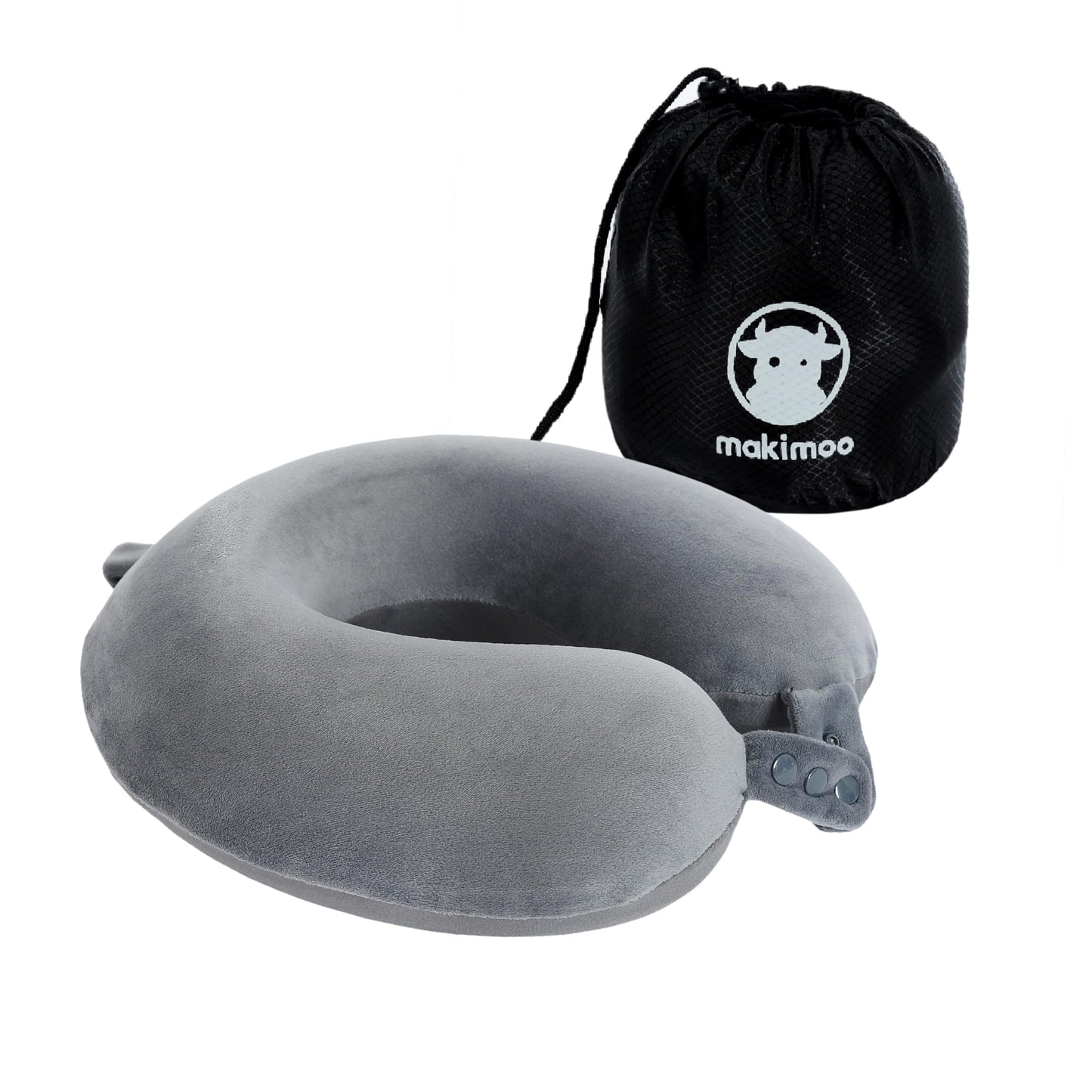 Makimoo Travel Neck Pillow, Top Memory Foam Pillow for Head Support, Ideal for Airplanes, Cars, and Home Recliners, Adjustable and Soft (Grey)
