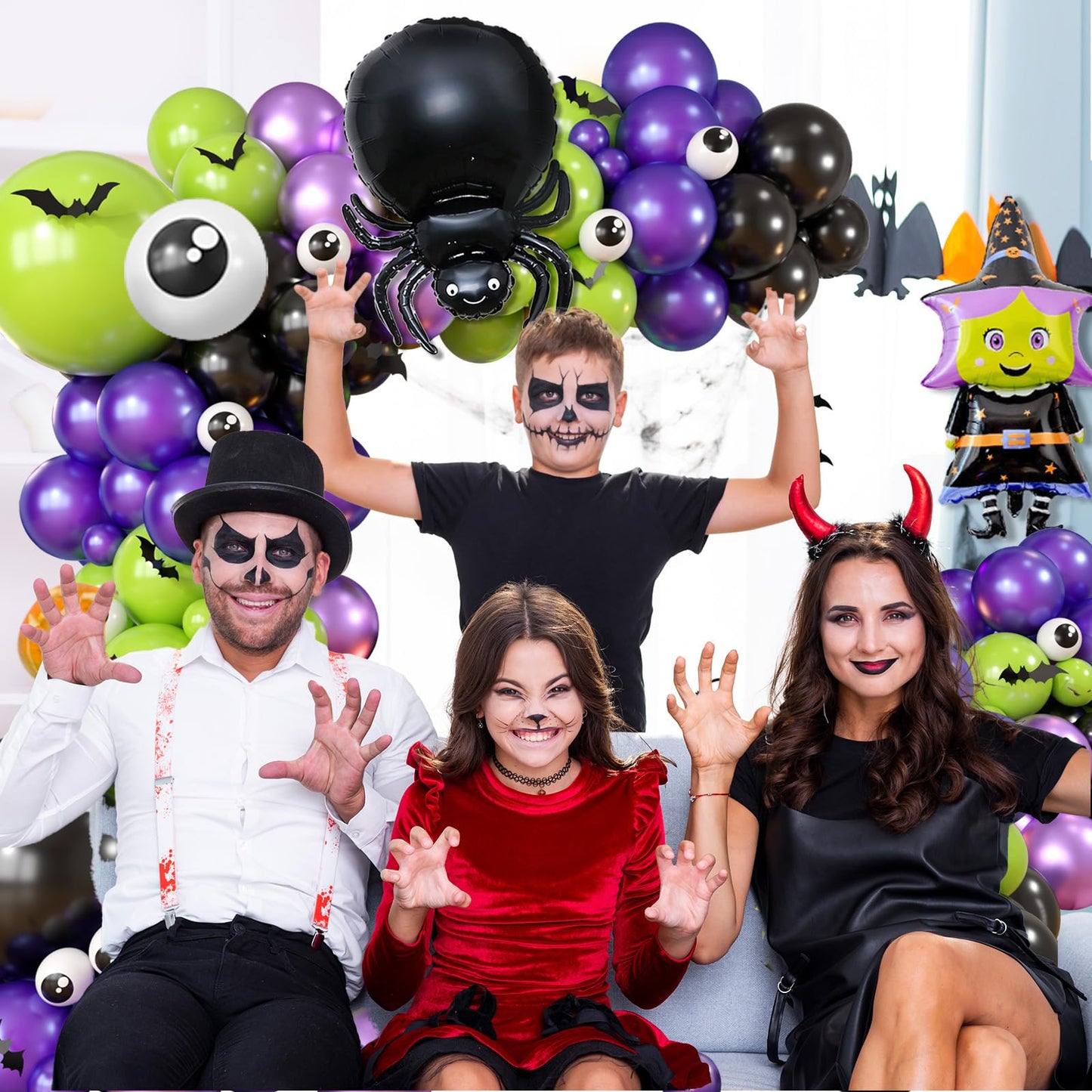 Halloween Balloons Arch Kit, Green Purple Balloon Garland with Foil Balloon Witch Spider Eye Metallic Purple Black Latex Balloons for Horror Halloween Birthday Party Decorations