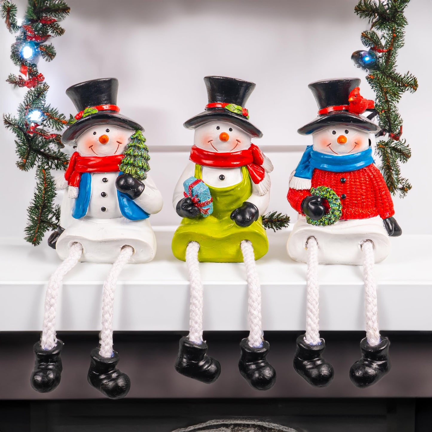Dazzle Bright Christmas Figurines, Set of 3 Resin Santa Snowman Sitters with Dangling Legs, Xmas Table Fireplace Shelf Sitters Decorations Sitting Figurines Ornament for Indoor Home Decor