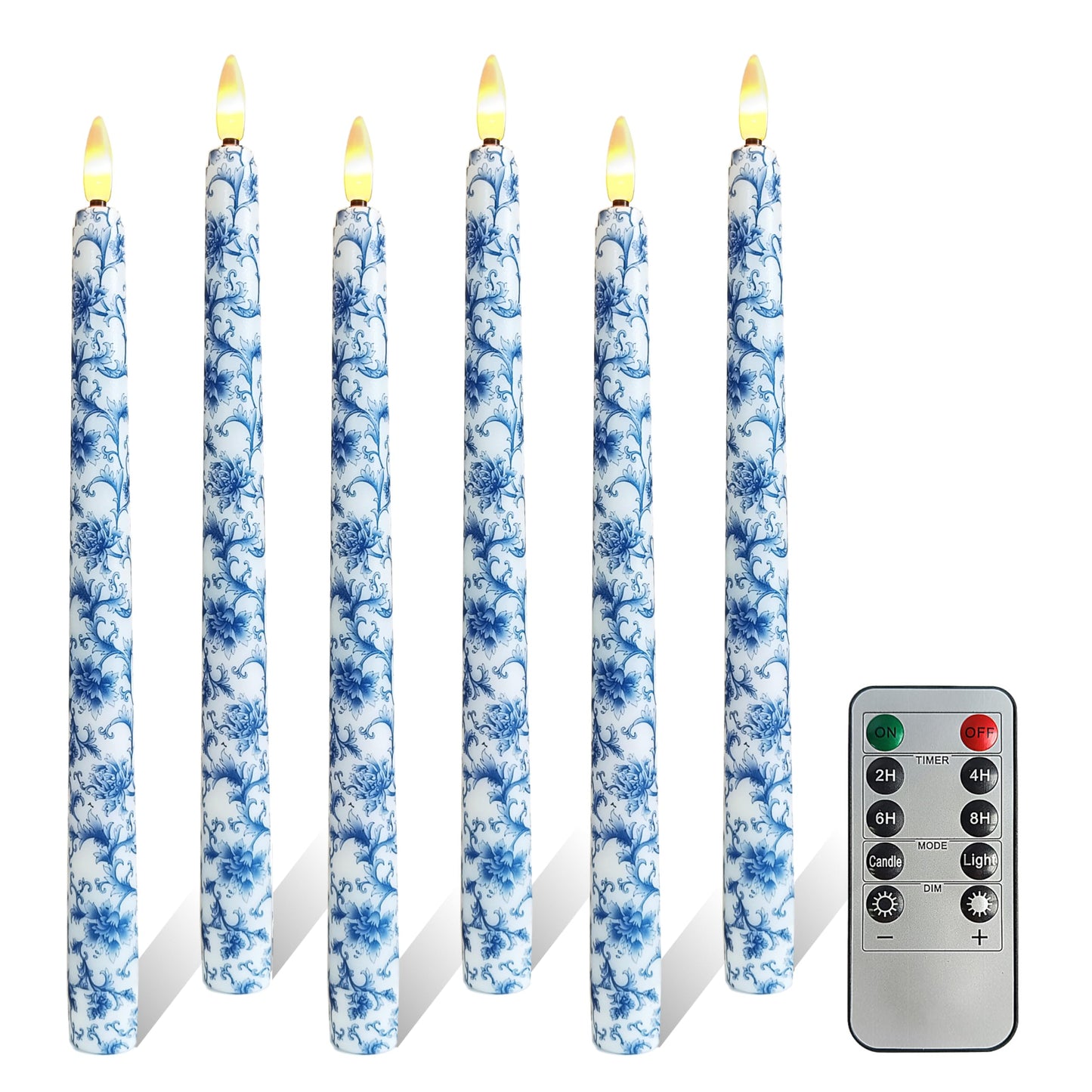 FCMSHAMD 6PCS Blue Floral Flameless Taper Candles, 11 Inch LED Candlesticks Battery Operated with 11-Key Remote and Timer, 3D Flickering Flame Lights for Wedding Party Home Decor Gifts