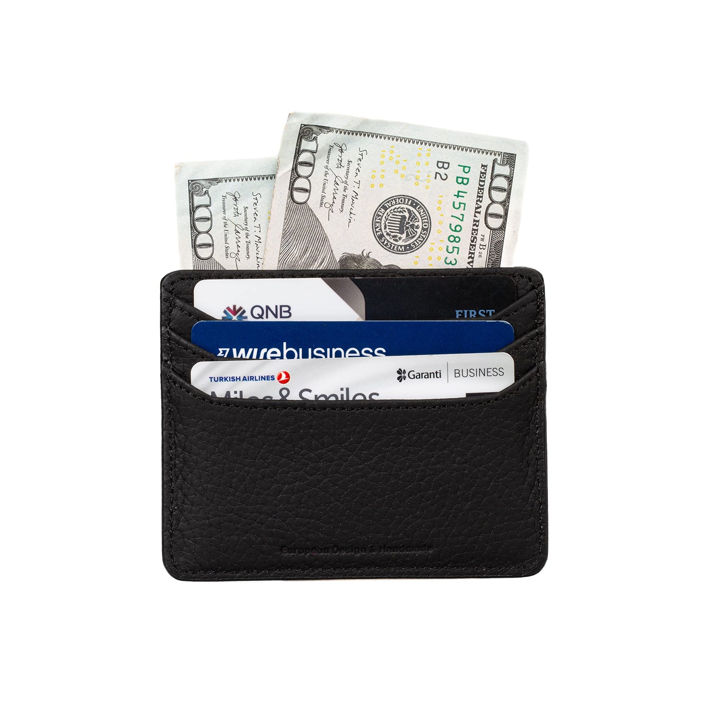 grande 3633 Genuine Leather Card Holder For Women and Men Super Slim Minimalist Small Snap Wallet (Black)