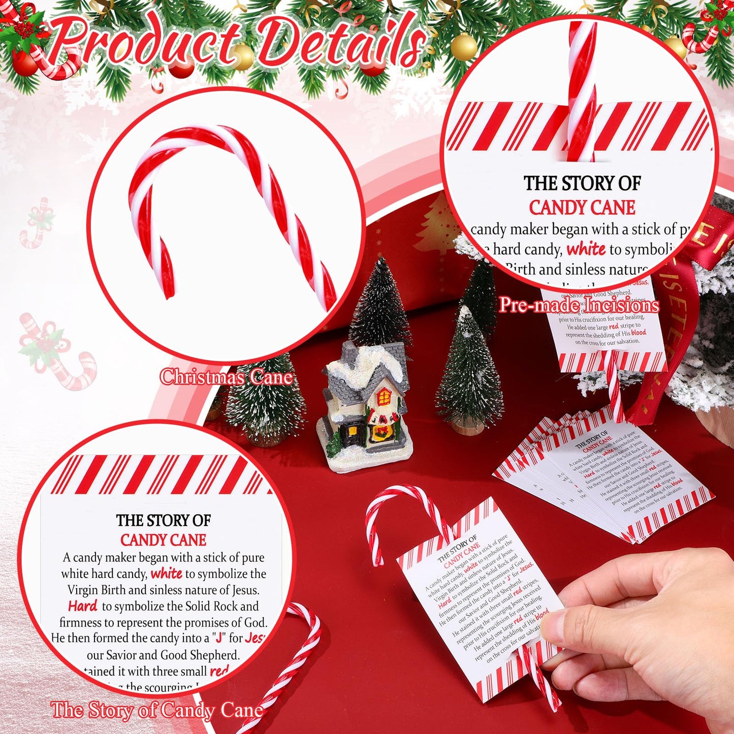 Cinnvoice 24 Sets Christmas Candy Cane Ornament and Candy Cane Meaning Story Cards Plastic Christmas Tree Hanging Ornaments Twisted Red and White Tree Decoration for Xmas Party Supplies