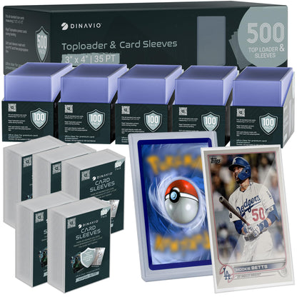 Dinavio Crafthouse 1000 Premium Card Sleeves + Top Loaders for Cards - 35pt Toploaders 3x4 - Compatible with PKMN Baseball MTG Lorcana YGO (500 Top Loaders + 500 Sleeves)