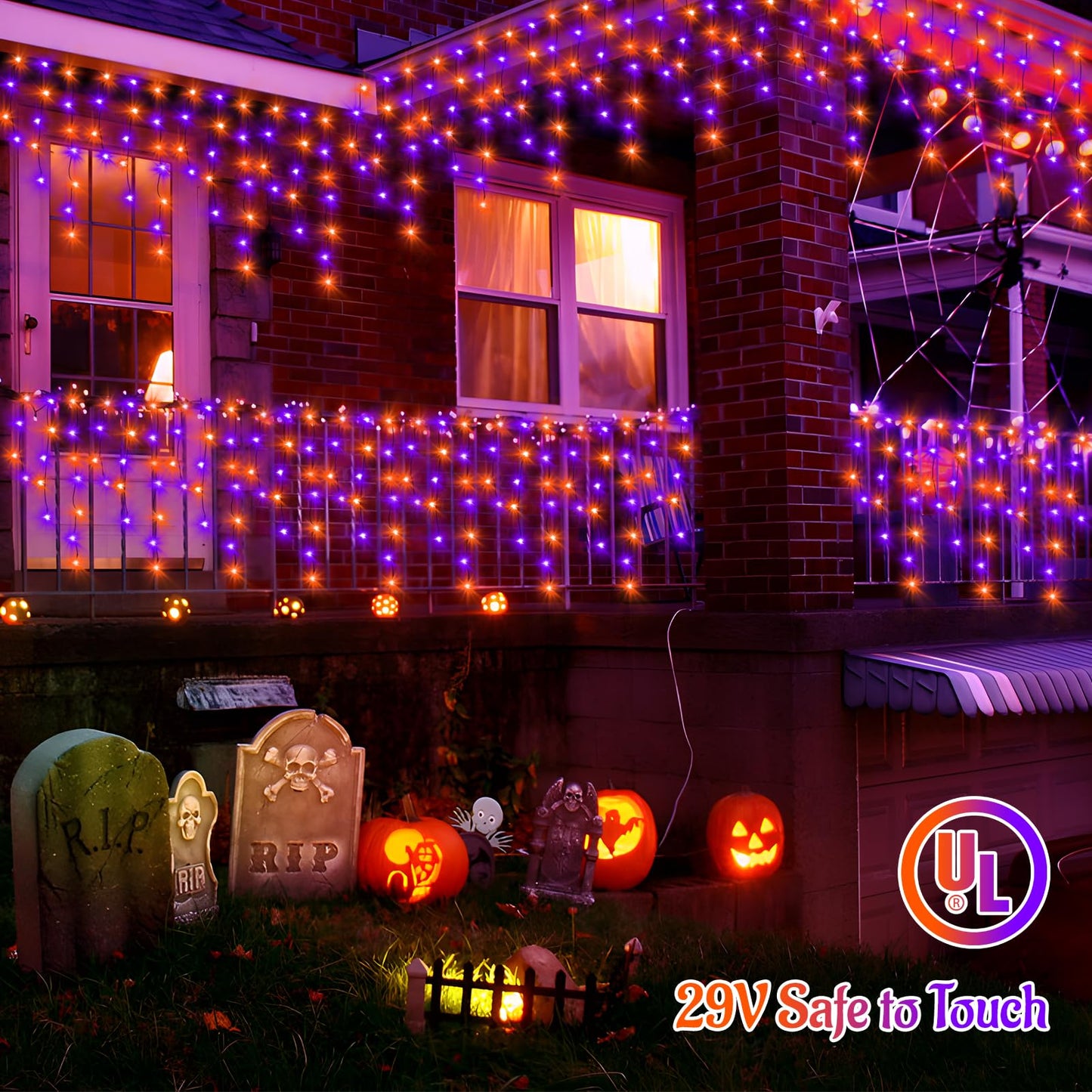 KNONEW 33FT 400 LED Orange Purple Halloween Lights Outdoor Black Wire String Lights with 75 Drops, 8 Lighting Modes, Timer Memory Function Connectable Hanging Curtain Lights for Halloween Party Decor