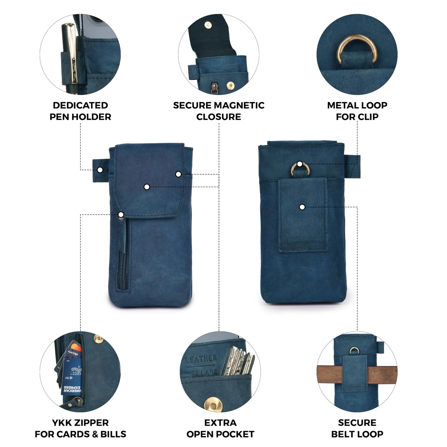 Leather Village Genuine Leather 7”x3.5” Phone Holster Pouch with Belt Clip, Magnetic Closure, ID Card Holder - Blue Universal Case for iPhone, Samsung Galaxy, Google Pixel