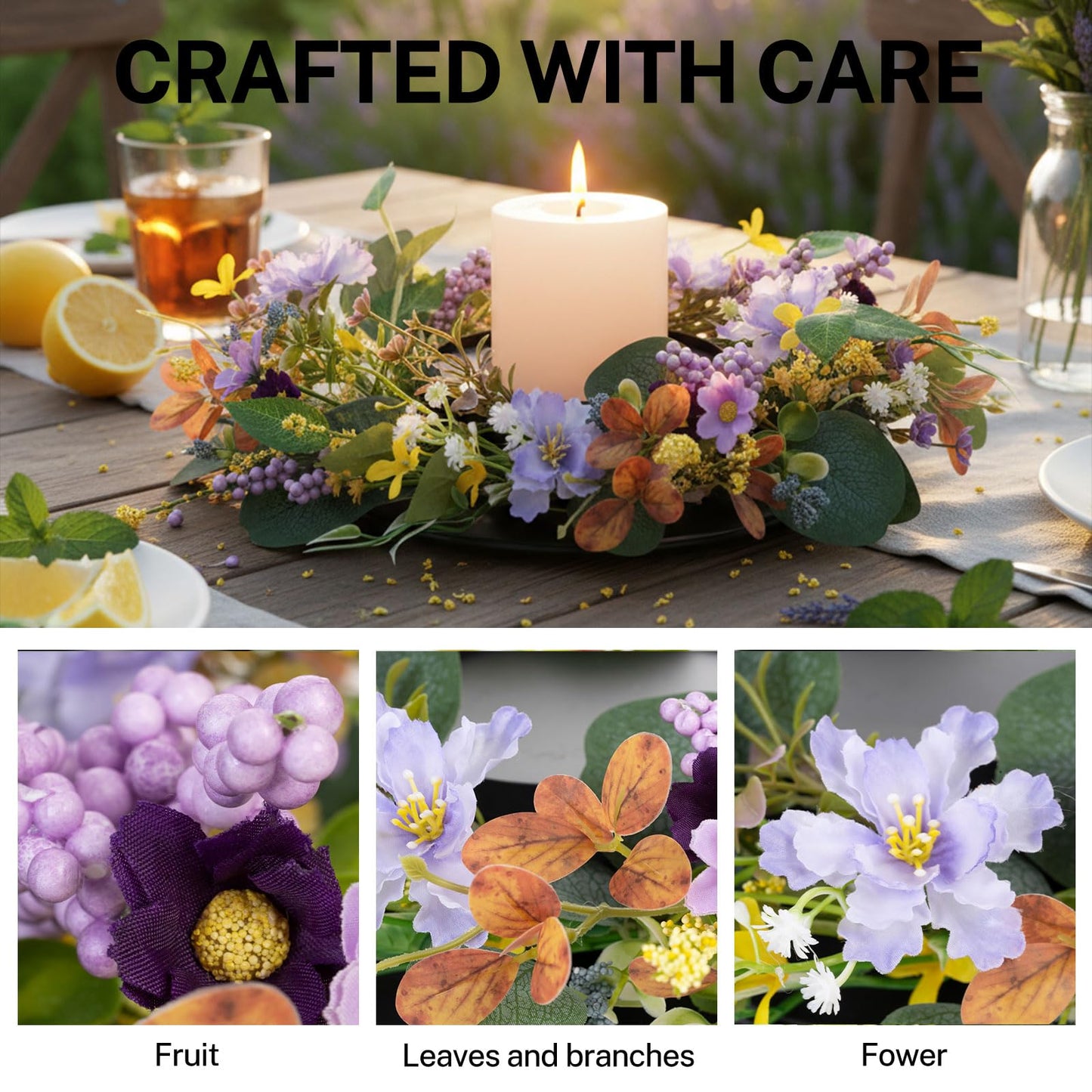 MOYEE Summer Centerpieces for Tables Candle Ring, Black Metal Candlestick with an Artificial Wreaths 14 in Versatile Dining Table Centrepiece (Purple Foam Flower Wreath)