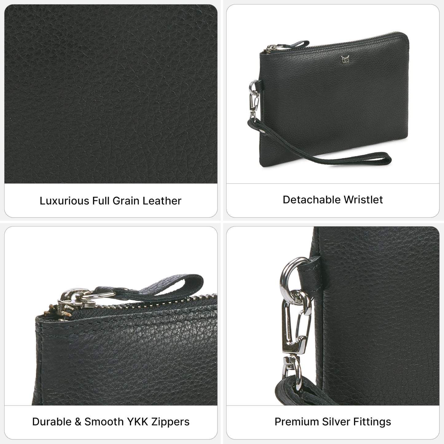 Wise Owl Accessories Genuine Leather Wristlet Wallet for Women Clutch Handbag Purses for Cell Phone Keys Coins Credit Card Slots (Black Nappa)