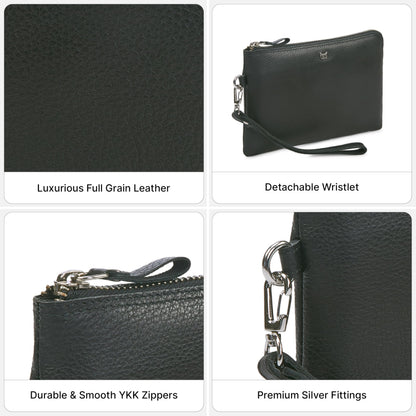 Wise Owl Accessories Genuine Leather Wristlet Wallet for Women Clutch Handbag Purses for Cell Phone Keys Coins Credit Card Slots (Black Nappa)