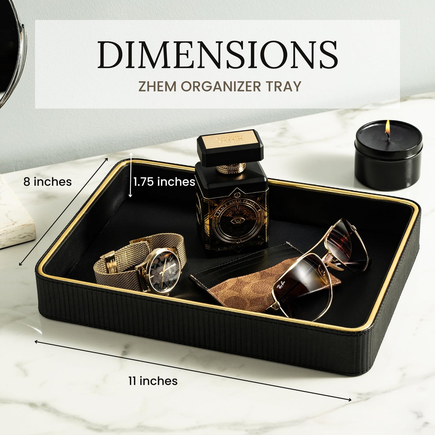 Leather Catchall Valet Tray for Men| Mens Valet Catch All Trays| Bedside Organizer for Nightstand| Cologne Tray for Men| Desk Trays Leather Tray Organizer (Black)