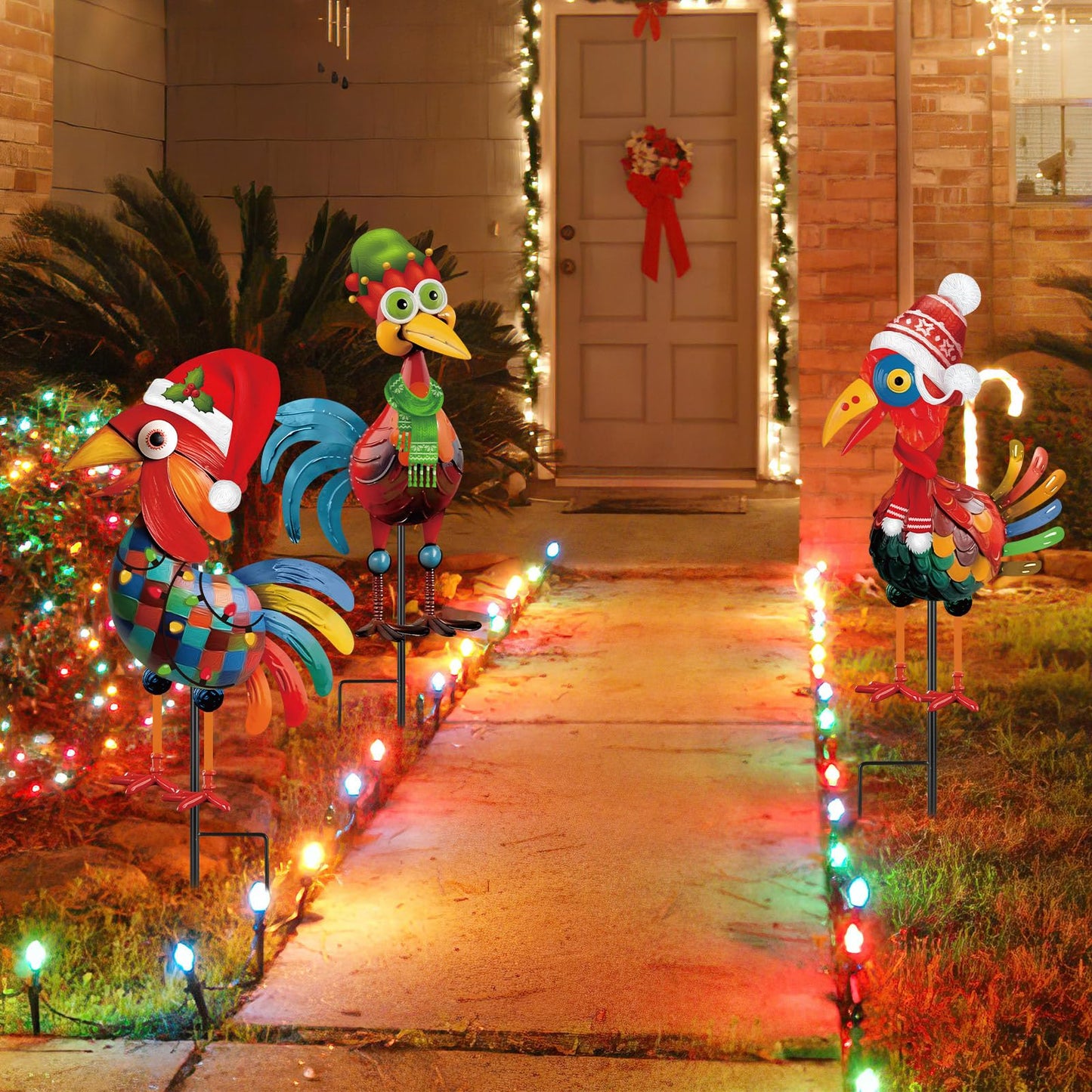3 Pcs Christmas Chicken Outdoor Decorations Metal Christmas Glossy Rooster Chicken Yard Stakes Rooster Animal Garden Stakes Yard Art for Ground Yard Lawn Porch Sidewalk Xmas Holiday Decorations