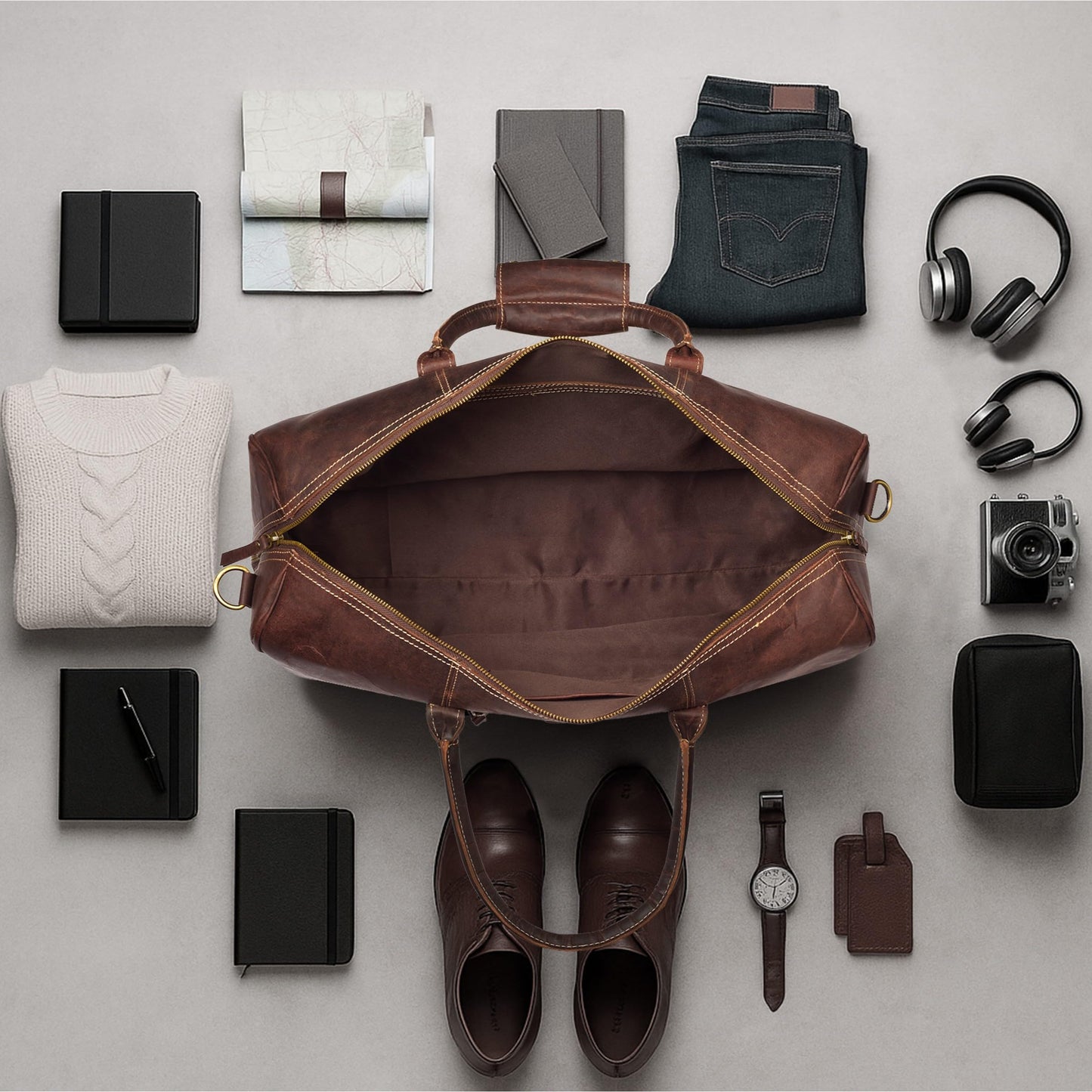 Genuine Leather Duffle Bag for Men & Women – Stylish Travel Weekender Bag with Shoulder Strap – Overnight, Gym, or Carry-On Luggage Bag - Mulburry Brown