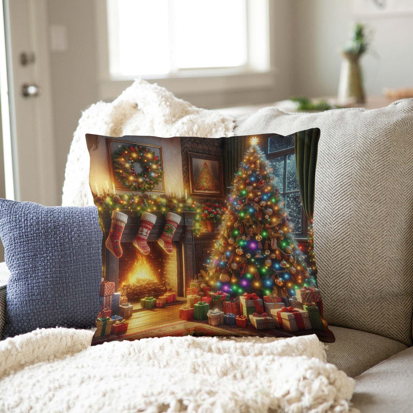 Throw Pillow Cover 20x20 Inch,Christmas Living Room Christmas Tree Adorned Lights Ornaments Stockings Hang Above Fireplace Throw Pillow Case,Home Decor Cushion Covers for Sofa Living Room Couch Bed