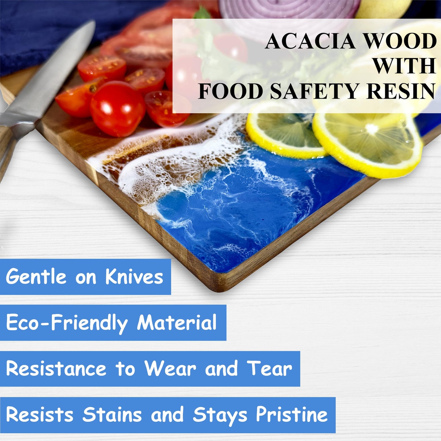LILKUISYN Handcrafted Acacia Wood Cutting Board Resin Blue Wave Pattern for Kitchen Meal Prep and Serving Versatile Cheese & Charcuterie Board for Meat Vegetable Fruit Gift 15x10 Inch