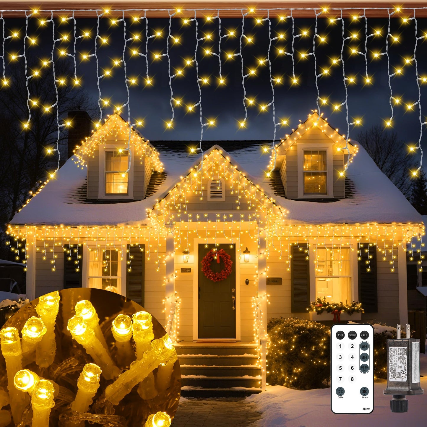 Vynoblip Christmas Ice Lights Outdoor,Warm White 33FT 306 LED 8 Modes Plug in Xmas Tree Decorations Twinkle Fairy Light String with Remote Timer Memory for Roofline Yard Party Wedding Camping Decor