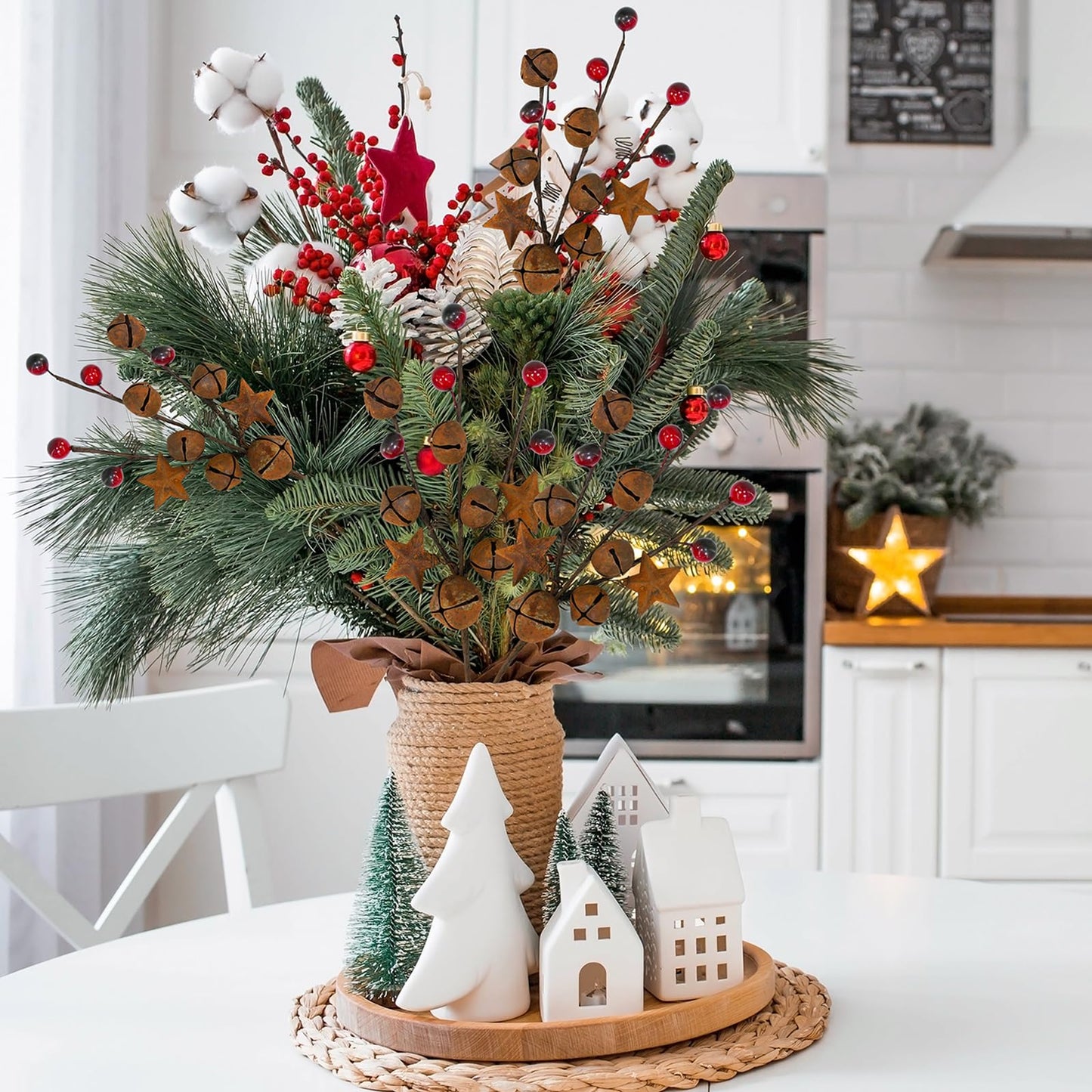 Winlyn 6 Pcs Christmas Rustic Bells Picks Holiday Floral Stem Stars Sprays with Burgundy Berries 10.6" for Christmas Tree Farmhouse Primitive Arrangement Centerpiece DIY Wreaths Garlands