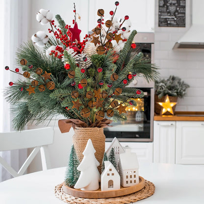 Winlyn 6 Pcs Christmas Rustic Bells Picks Holiday Floral Stem Stars Sprays with Burgundy Berries 10.6" for Christmas Tree Farmhouse Primitive Arrangement Centerpiece DIY Wreaths Garlands
