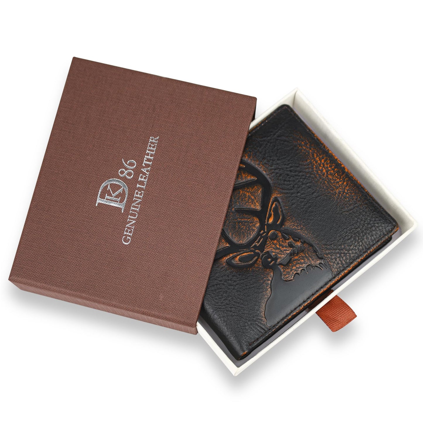 DK86 Deer Bifold Wallet for Men RFID Blocking Full Grain Leather With Hand Burnished Extra Capacity Multiple Card Slots with 2 ID Windows (black orange with deer)