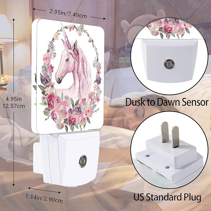 Pink Unicorn Night Light, Floral Night Lights Plug into Wall Decor for Bedroom, Bathroom, Hallway, Kitchen, Dusk to Dawn Sensor Nightlights for Boys Girls Women Men Room Gifts