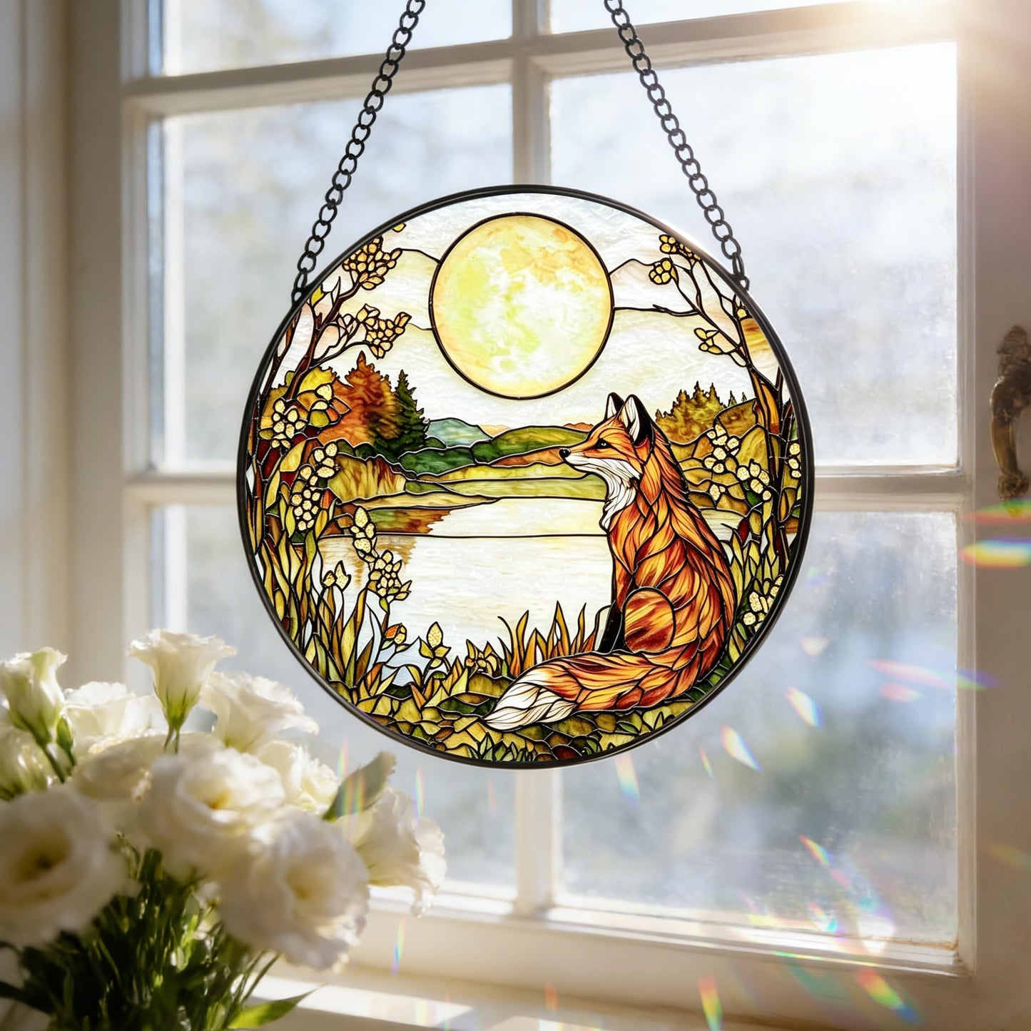 Stained Glass Window Hanging, 7.8 Inch Fox Stained Glass Suncatcher, Woodland Animal Window Decor, Sun Catchers Indoor Window Ornament, Fox Lover Gift, Gifts for Mother's Day, Father's Day & Birthday