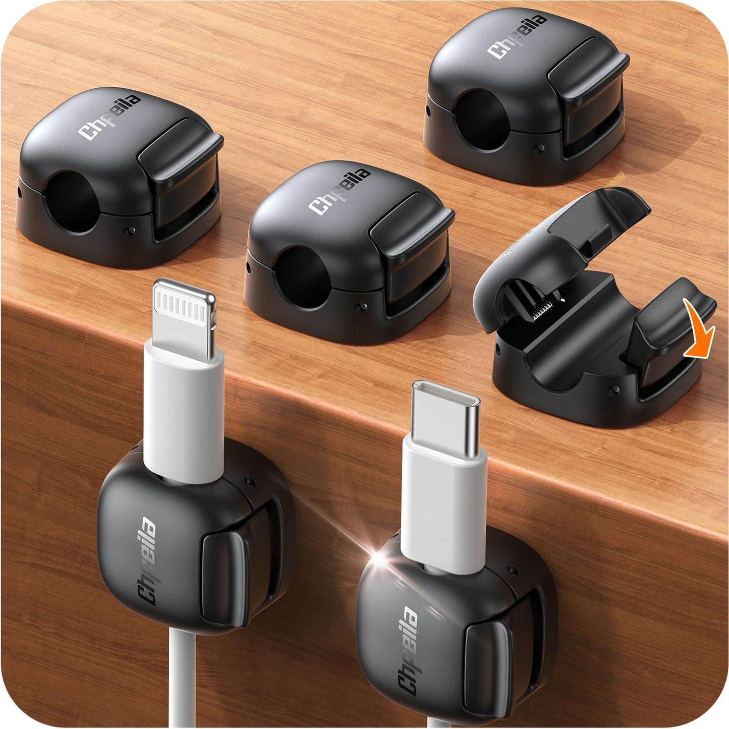 6Pack Cord Organizer - Chfeila [Dual Spring & Clasp Lock] Cable Management Clips, Adhesive Phone Charger Keeper, Compact Wire Holder for Nightstand/Car, Home Office Desk Accessories Decor Essentials