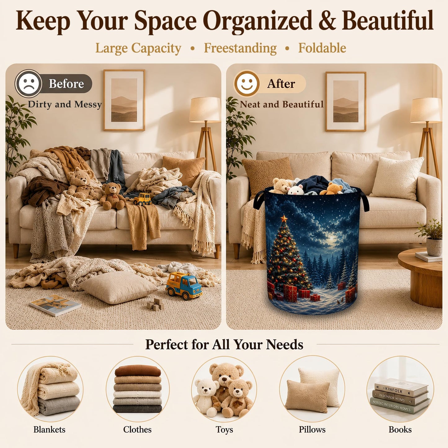 Christmas Tree Collapsible Laundry Hamper for Bedroom，Winter Night Freestanding Oxford Clothes Basket, Large Foldable Storage Bin with Easy-Carry Handles for Bathroom Dorm Laundry Room