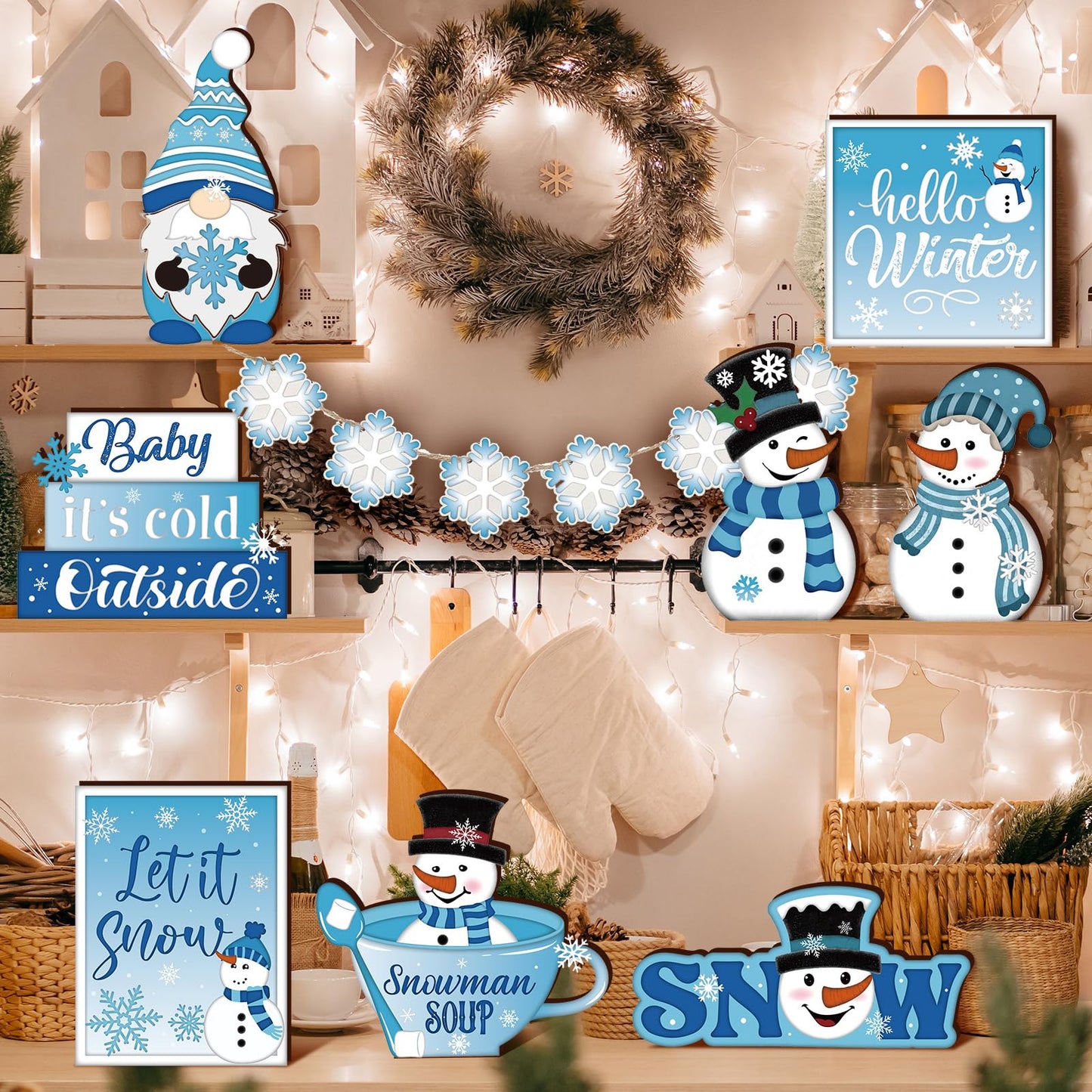 Ziliny 19 Pcs Winter Christmas Tiered Tray Decorations Set Snowman Snowflake Tiered Decor Winter Wooden Signs Farmhouse Table Centerpiece with Rope Holders for Xmas Party Favor Supplies