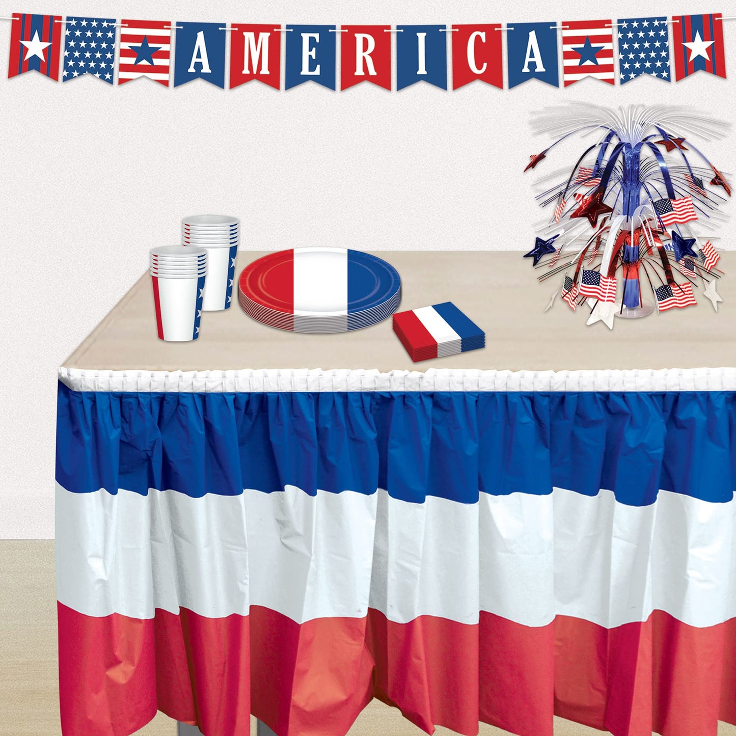 Beistle Patriotic Flag Cascade Centerpiece, Red White and Blue Metallic Decoration with American Flags for 4th of July, Memorial and Veterans Day, and Patriotic Party Tables, 18”
