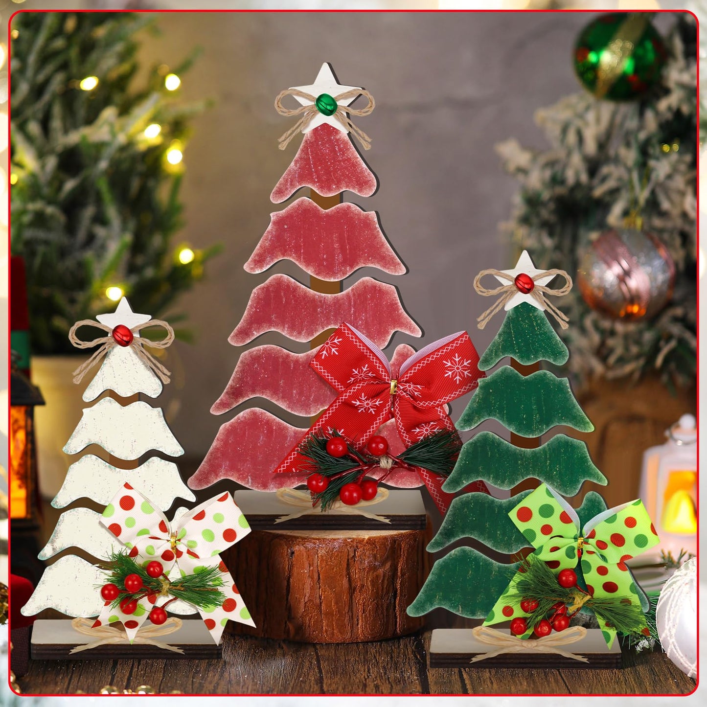 CroBlissful 3 Pcs Wooden Christmas Tree Tabletop Decorations Christmas Centerpieces for Table Rustic Xmas Tiered Tray Decor Table Sign with Hemp Rope Bow Bell for Holiday Party(Classic)