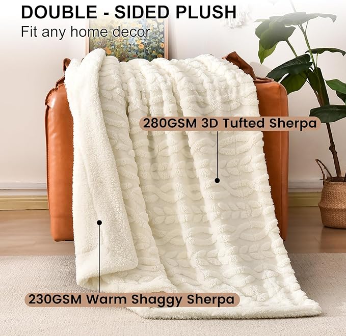PHF Fluffy Sherpa Blanket Queen Size for Winter, Warm and Soft, 510GSM 3D Jacquard Thick Shaggy Fleece Plush Blanket for Sofa Bed, Cream, 90"x90"