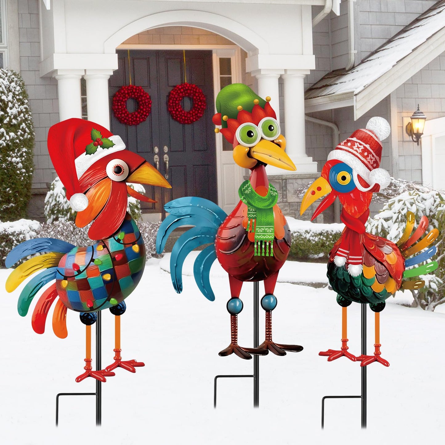 3 Pcs Christmas Chicken Outdoor Decorations Metal Christmas Glossy Rooster Chicken Yard Stakes Rooster Animal Garden Stakes Yard Art for Ground Yard Lawn Porch Sidewalk Xmas Holiday Decorations
