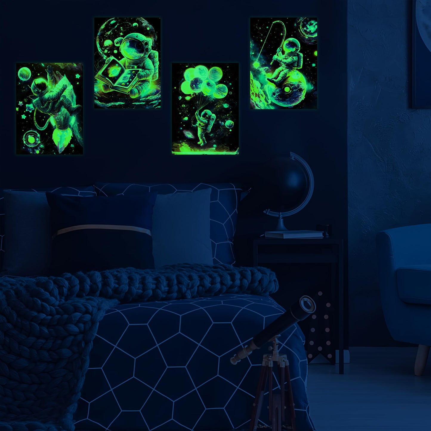 Glow in The Dark Neon Astronaut Space Wall Stickers, Cool Spaceman Boy Bedroom Wall Decals, Fantasy Galaxy Planet Room Decor, Playroom Nursery Ceiling Glass Decoration