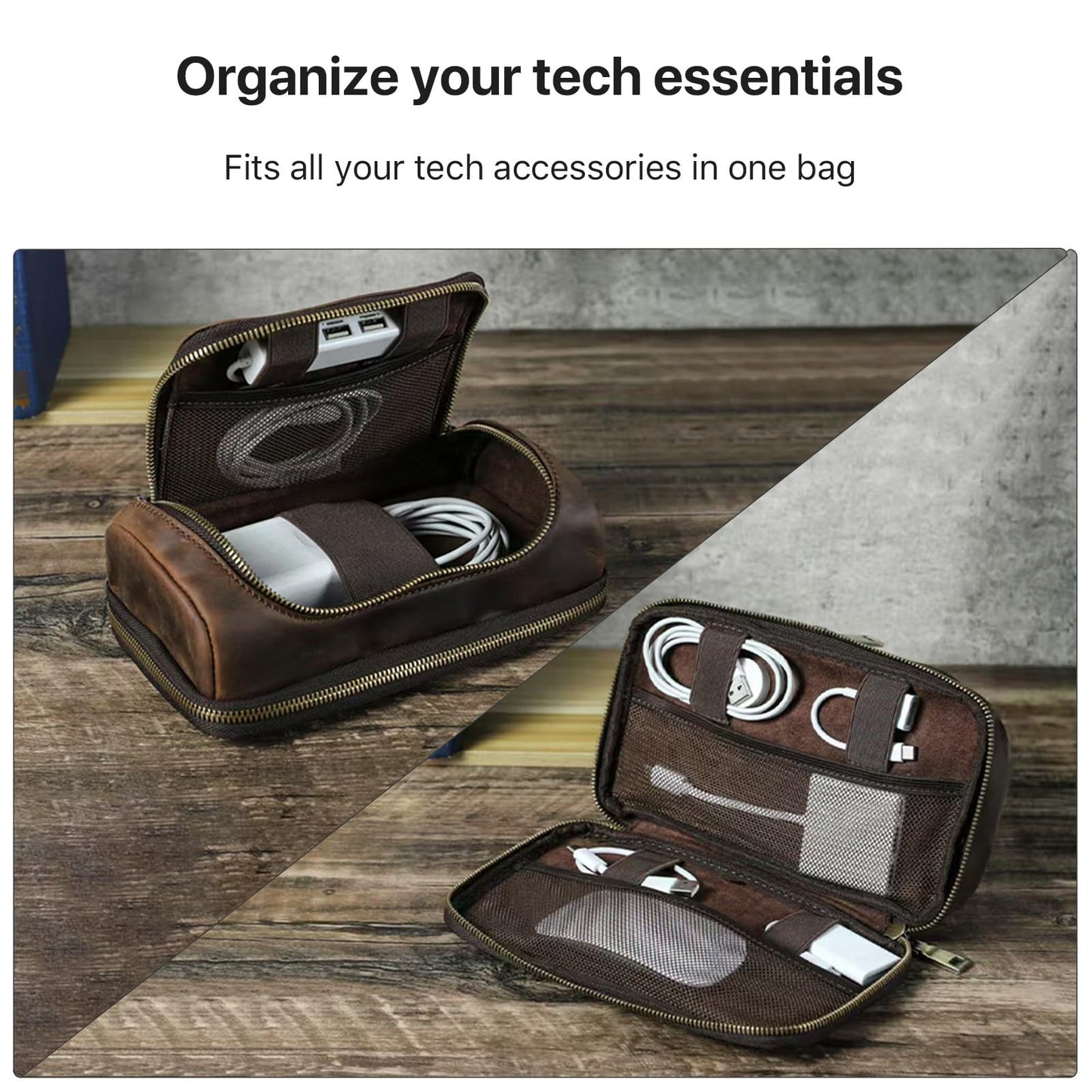 Hiram Handmade Crazy Horse Leather Tech Organizer Travel Case – Accessories Organiser Bag for Laptop, Tablet & Cell Phone, Double Compartment Charger Organizer Travel Case Coffee
