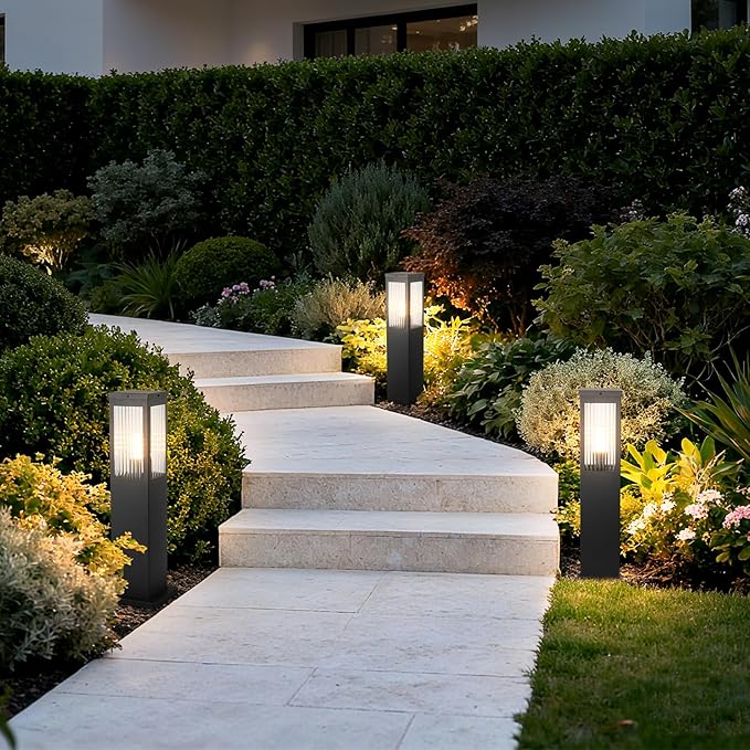 Outdoor Landscape Path Light Stainless Steel Waterproof Bollard Lighting Hardwired E26 Glass Post Pillar Lights Black Modern Lawn Lighting Outside House Pathway Lamp For Garden Patio Yard Street Light