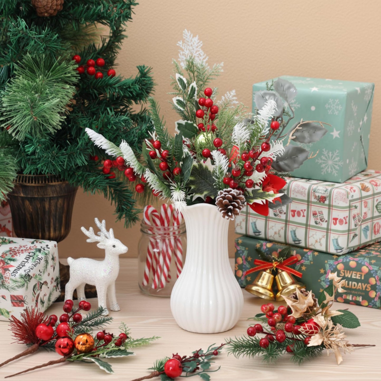 Suncalla 24 Pcs Artificial Christmas Picks 11"-14" Assorted Red Berry Picks Stems Christmas Tree Branches Decorations with Pinecones, Poinsettia Holly Leaves for Trees Wreath Garland Craft Decor