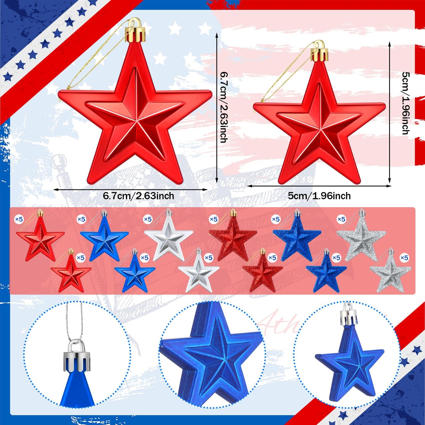 60 Pcs Patriotic Star Hanging Ornament 4th of July Tree Decor Red Blue Silver Star Ornament for Tree 4th of July Independence Pendant for 250th Anniversary Patriotic Veteran Decor