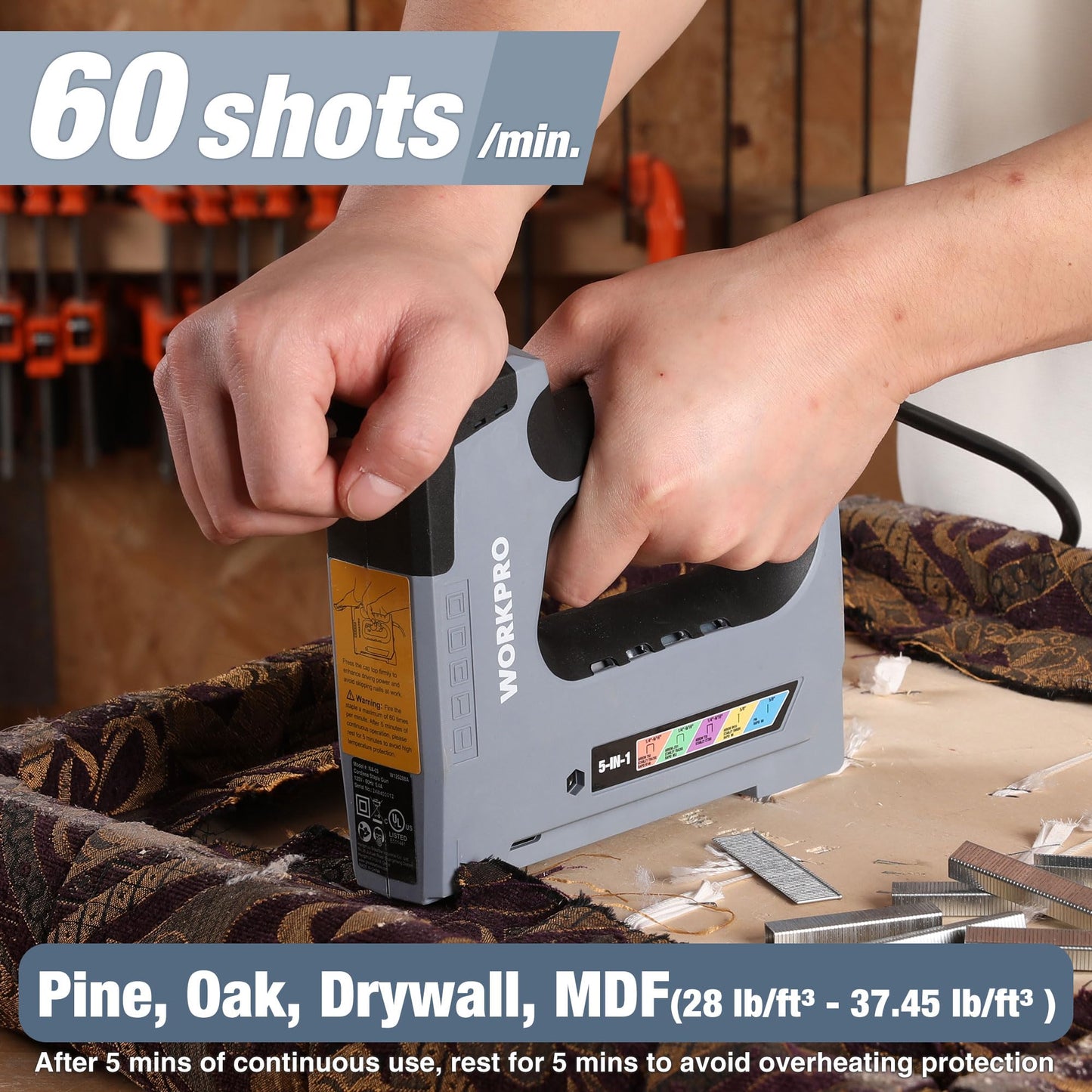WORKPRO 5 in 1 Staple Gun,110V Corded Brad Nailer with 2000 Staples and Nails, Electric Staple Gun for DIY Project of Woodworking