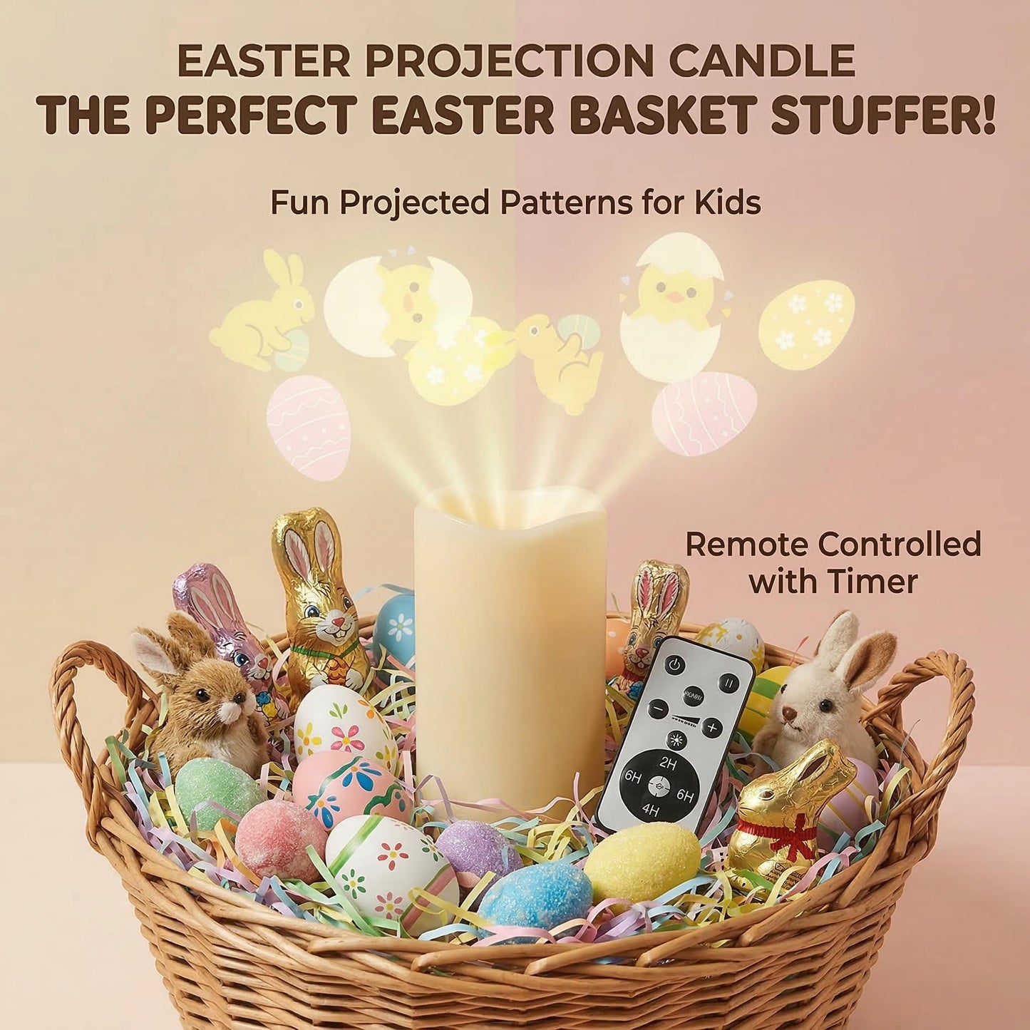 XingsLight Easter Flameless Candle Projector – LED Pillar Candle with Bunny, Chick & Egg Projection Lights |Remote Control & Timer, Easter Basket Stuffer Gift,2 Pack