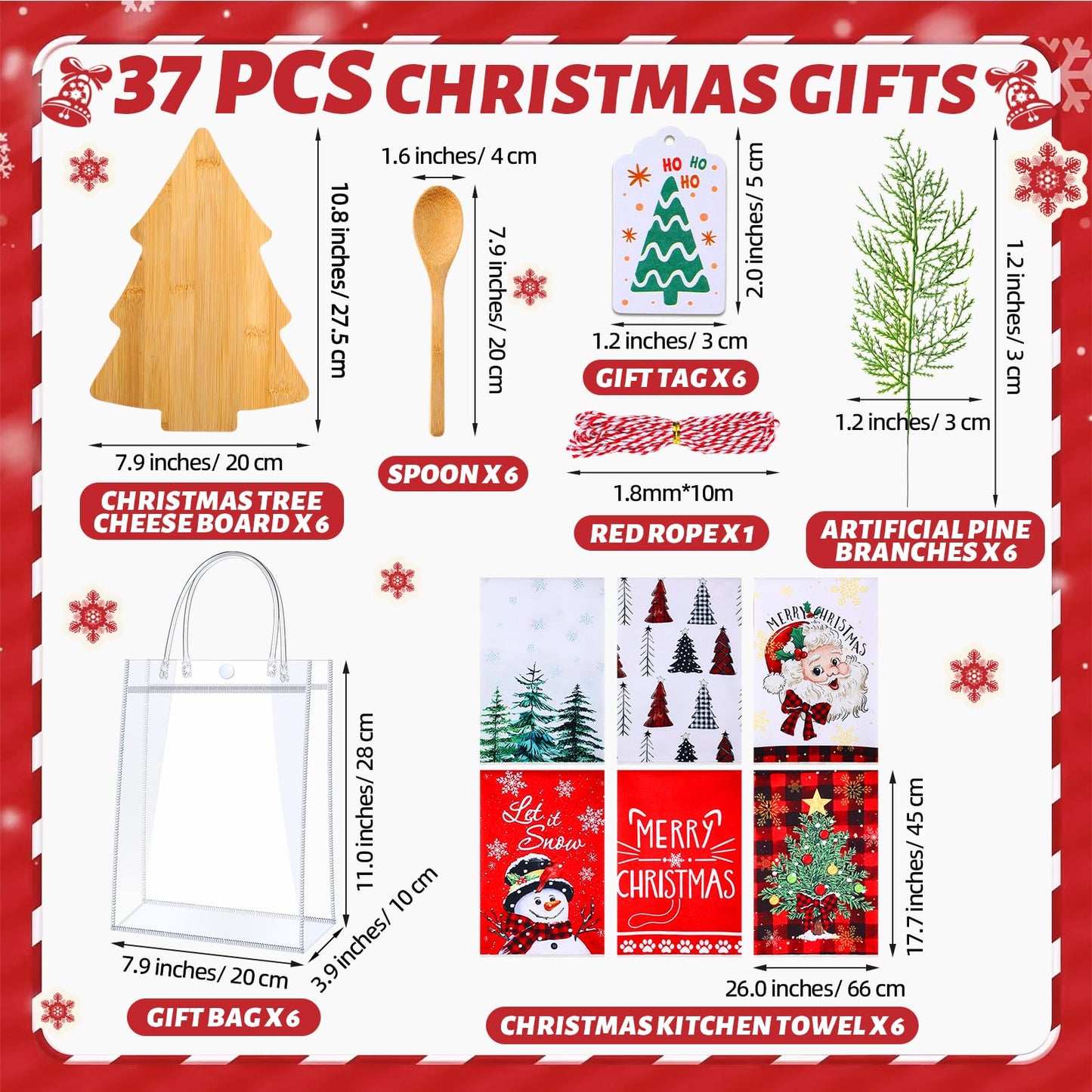 AceOrbit 37 Pcs Christmas Kitchen Gift Set Christmas Tree Bamboo Serving Board Xmas Supplies with Wood Spoon Kitchen Towel Card Holiday Gift Bags for Xmas Holiday Party Decor