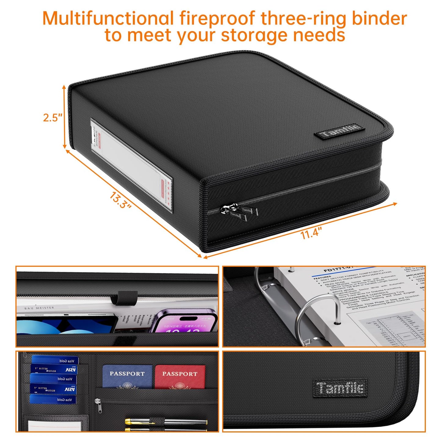 Tamfile Fireproof 3 Ring Binder with Zipper, 1.5 Inch D Ring Binder Hold Up 375 Sheets of 8.5"x11" A4 Paper, Portable Safe Storage with Large Pockets, Important File Storage for A4 Files (Black)