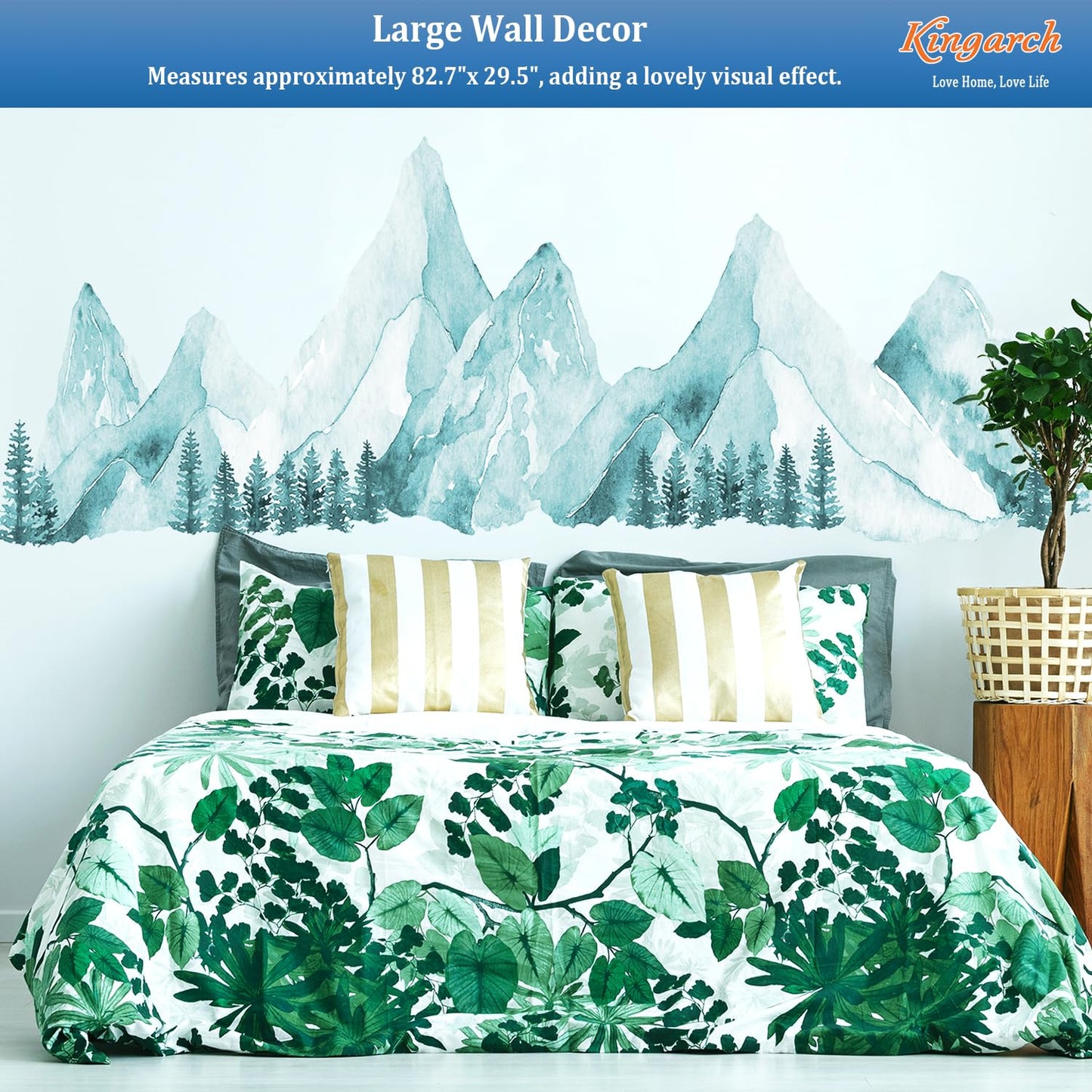 Large Mountain Wall Decals, Spa Green Pine Tree Peel and Stick Vinyl Wall Stickers & Murals, Removable Home Room Wall Decor for Bedroom Living Room Bedroom Classroom Office Nursery