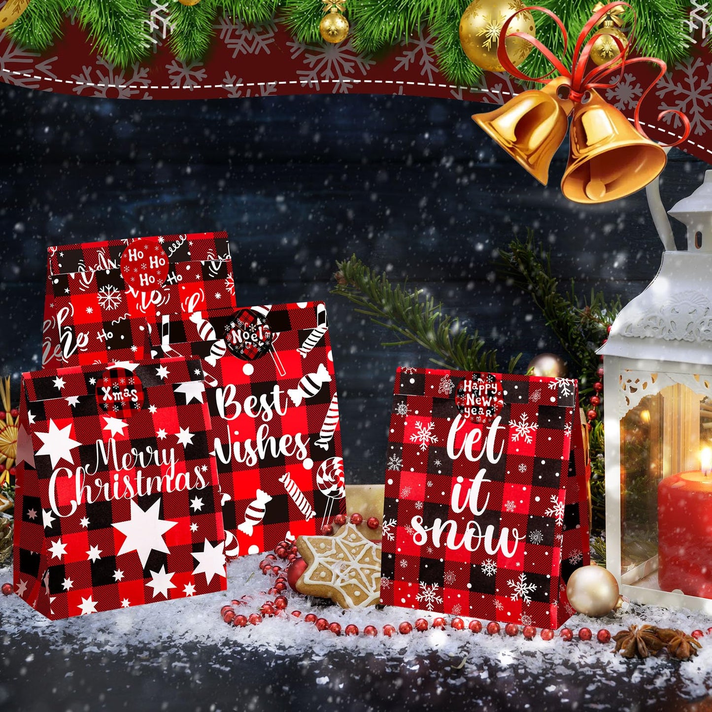 24 Pack Christmas Paper Gift Bag Xmas Goodies Candy Bags with 24 Pieces Christmas Theme Stickers Xmas Treat Tote Bags Party Decorations for Xmas Party Favors Supplies(Bright Style)