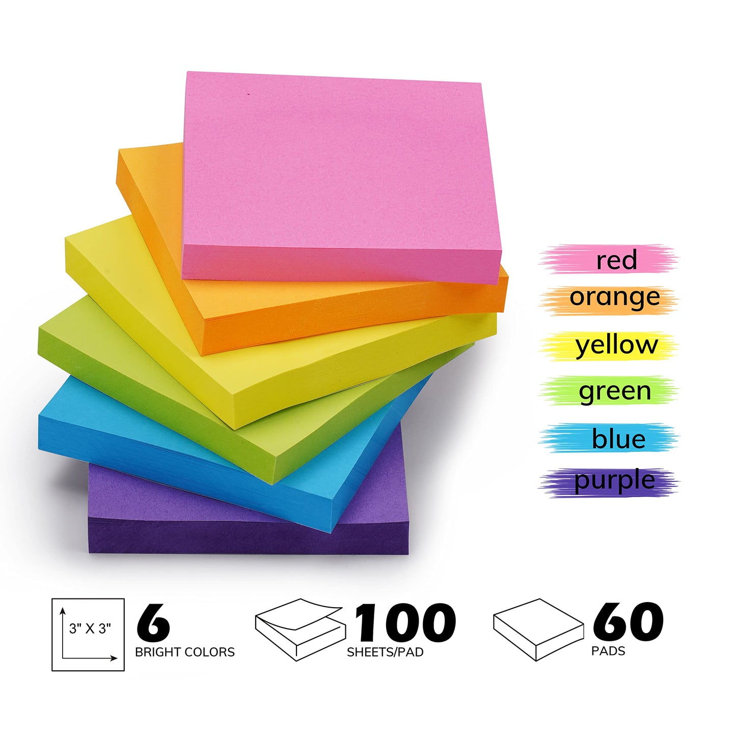 Sticky Notes Bulk, 60 Pads Sticky Notes, 3 X 3 Inch, 100 Sheets/Pad, Assorted Bright Colors Notes Pads Pack,Great Sticking Power