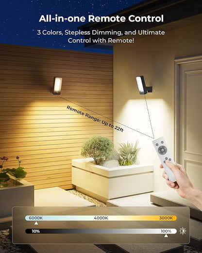 2 Pack Motion Sensor Outdoor Lights, 10000mAh Rechargeable 600 Lumen Battery Operated Outdoor Wall Lights with 3 Modes, 3 Colors, IP65 Waterproof Outdoor Security Lights for Fences, Garage, Patio