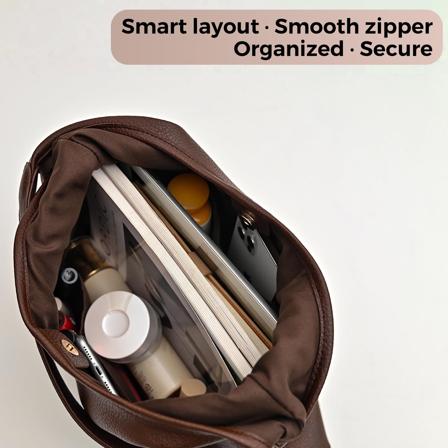 VESSALOIR Hobo Bags for Women, Slouchy Shoulder Bag for Women, Coffee Brown Handbag in Vegan Leather with Matching Zip Pouch, Magnetic Snap Closure, Built-In Key Leash