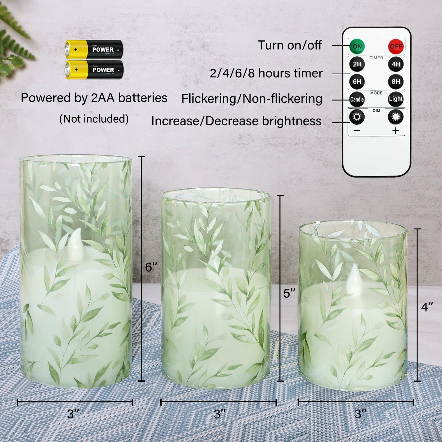 GORGE MOMENT Green Flameless Candles with Remote Willow Leaf Design Battery Operated Candles - Elegant Home Christmas Summer Decor Set of 3